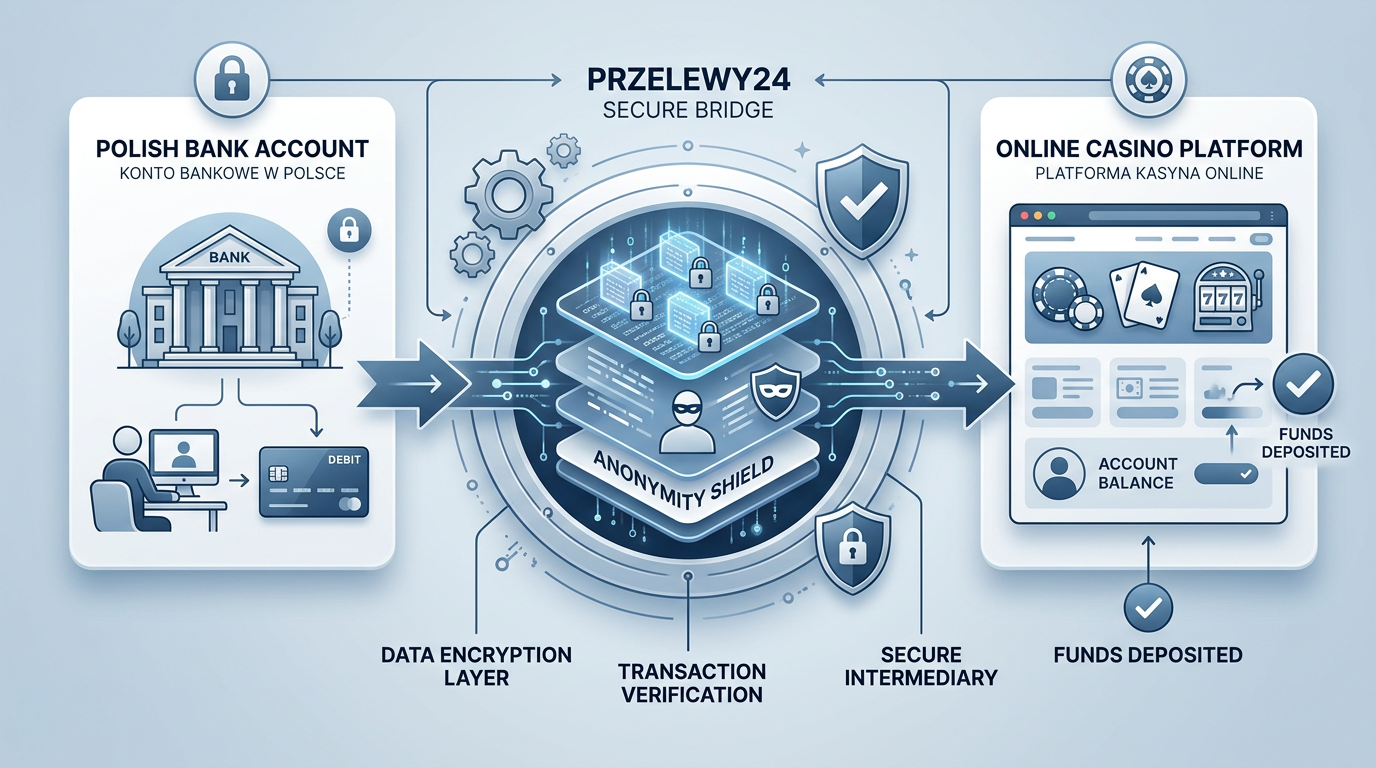 Bezpieczna ścieżka płatności Przelewy24 między bankiem a kasynem online