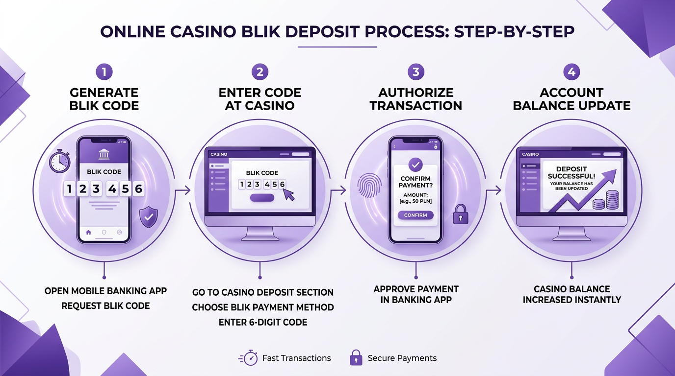 Infografika przedstawiająca proces wpłaty depozytu BLIK do kasyna online krok po kroku
