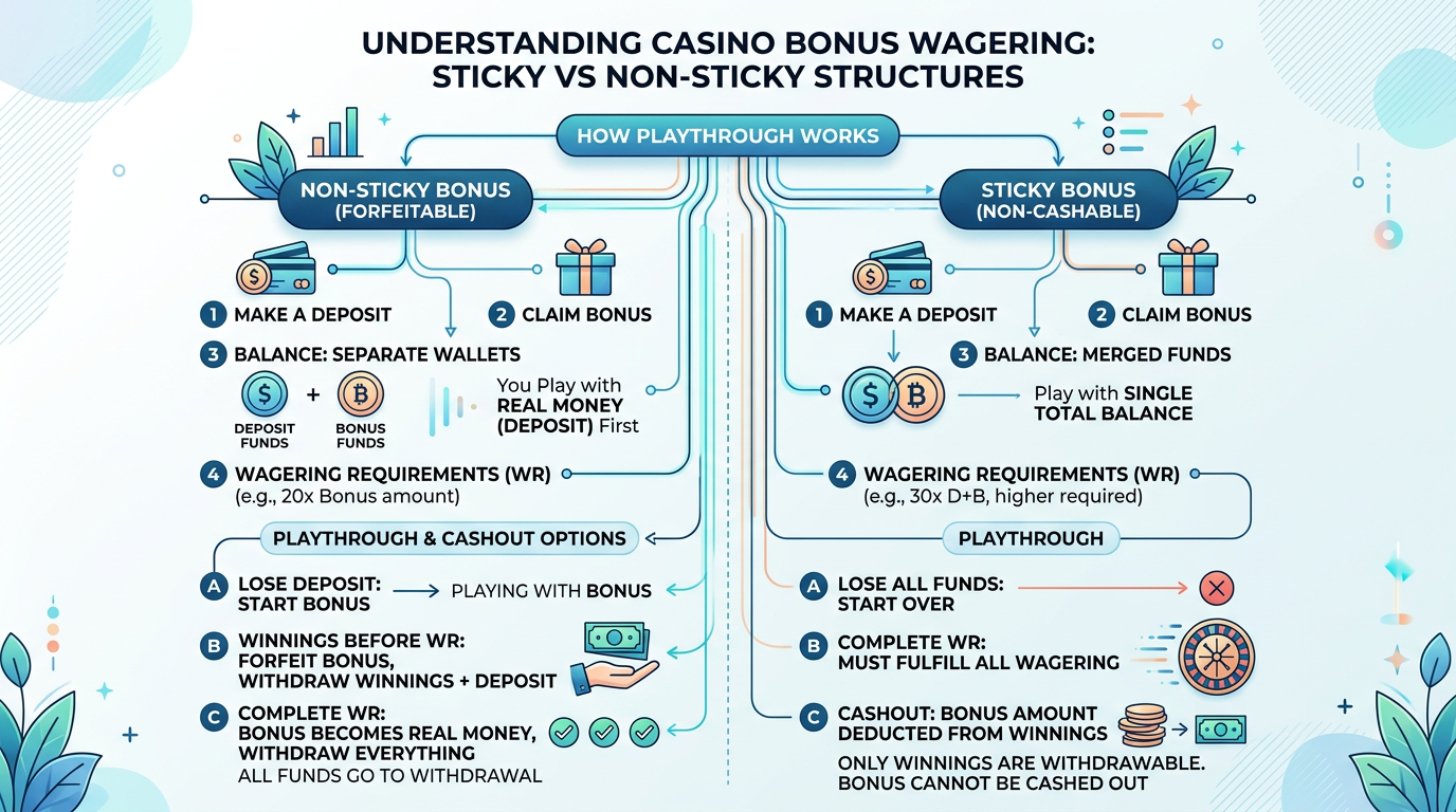 Infografika porównująca rodzaje bonusów kasynowych sticky i non-sticky