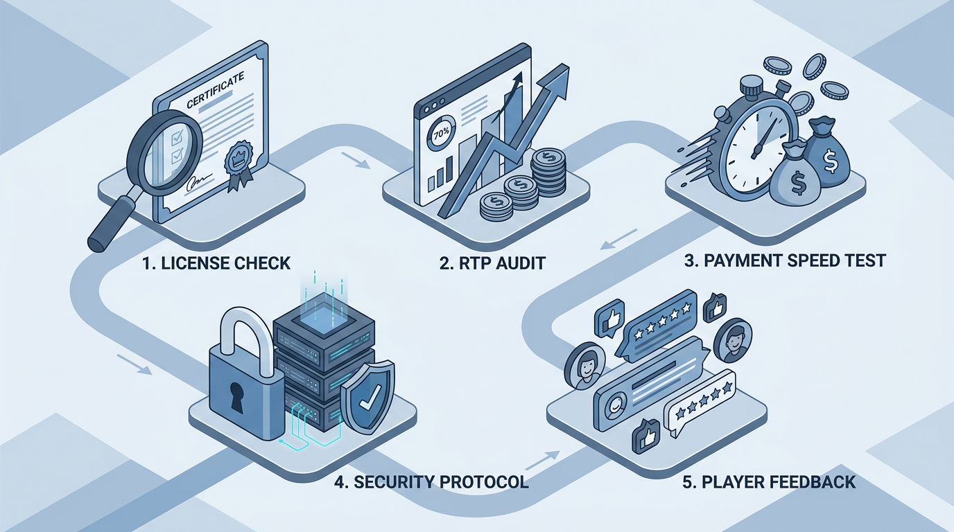 Infografika przedstawiająca proces weryfikacji wypłacalności kasyna online w 2026 roku