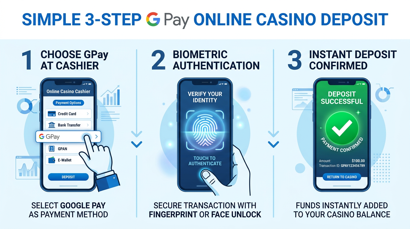 Infografika przedstawiająca proces wpłaty depozytu do kasyna przez Google Pay w trzech prostych krokach