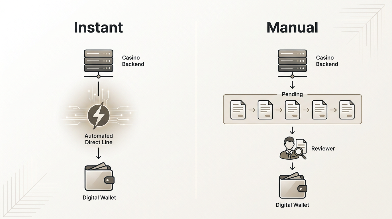 Infografika porównująca proces natychmiastowej wypłaty z tradycyjnym zatwierdzaniem manualnym w kasynach online.