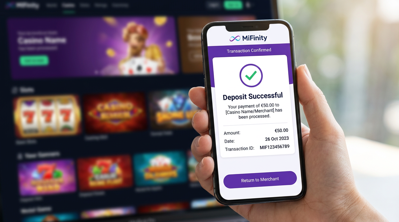 Interfejs aplikacji MiFinity pokazujący udany depozyt w kasynie online na smartfonie