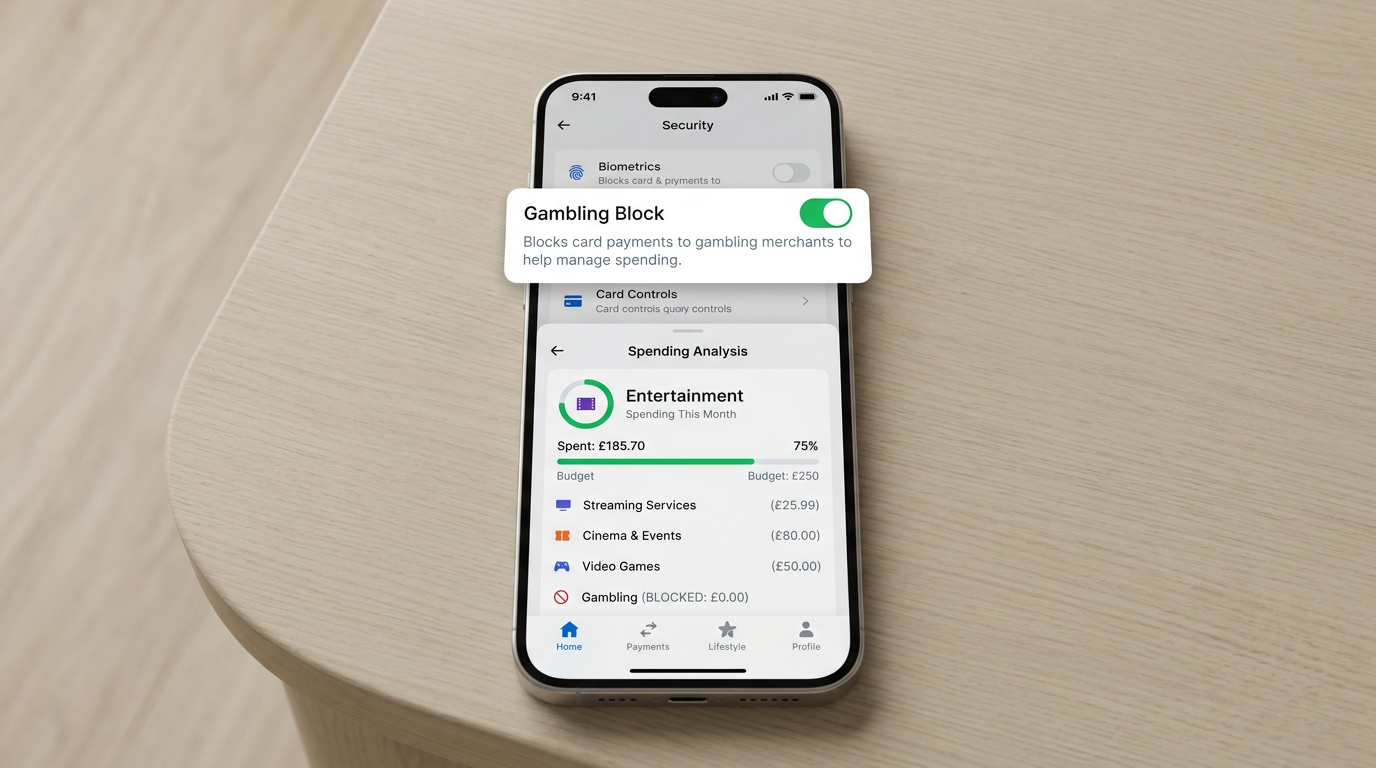 Interfejs aplikacji Revolut z aktywną funkcją Gambling Block i limitem wydatków na rozrywkę