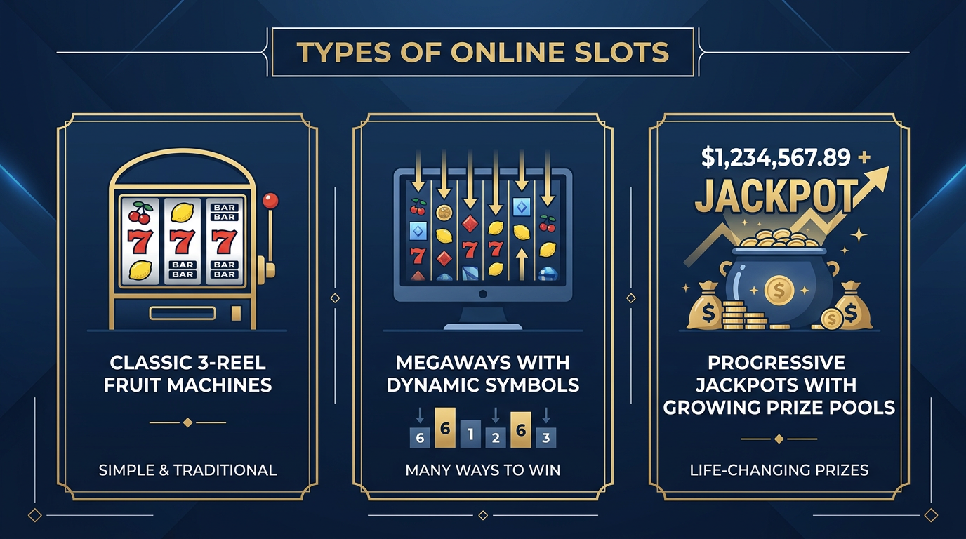 Infografika przedstawiająca rodzaje automatów online: klasyczne, Megaways i progresywne jackpoty.