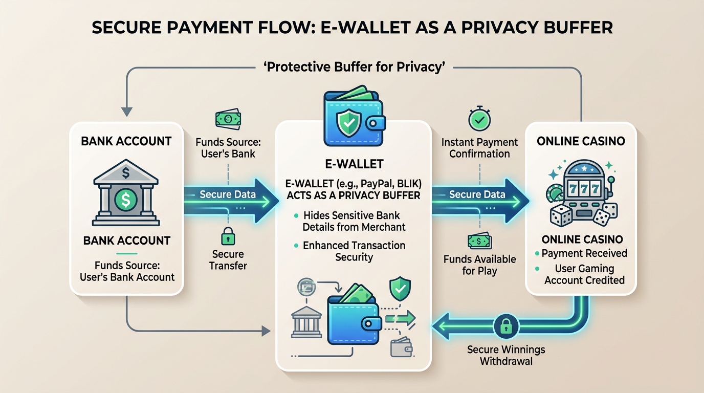 Infografika przedstawiająca bezpieczny proces płatności w kasynie przez portfel elektroniczny jako bufor prywatności