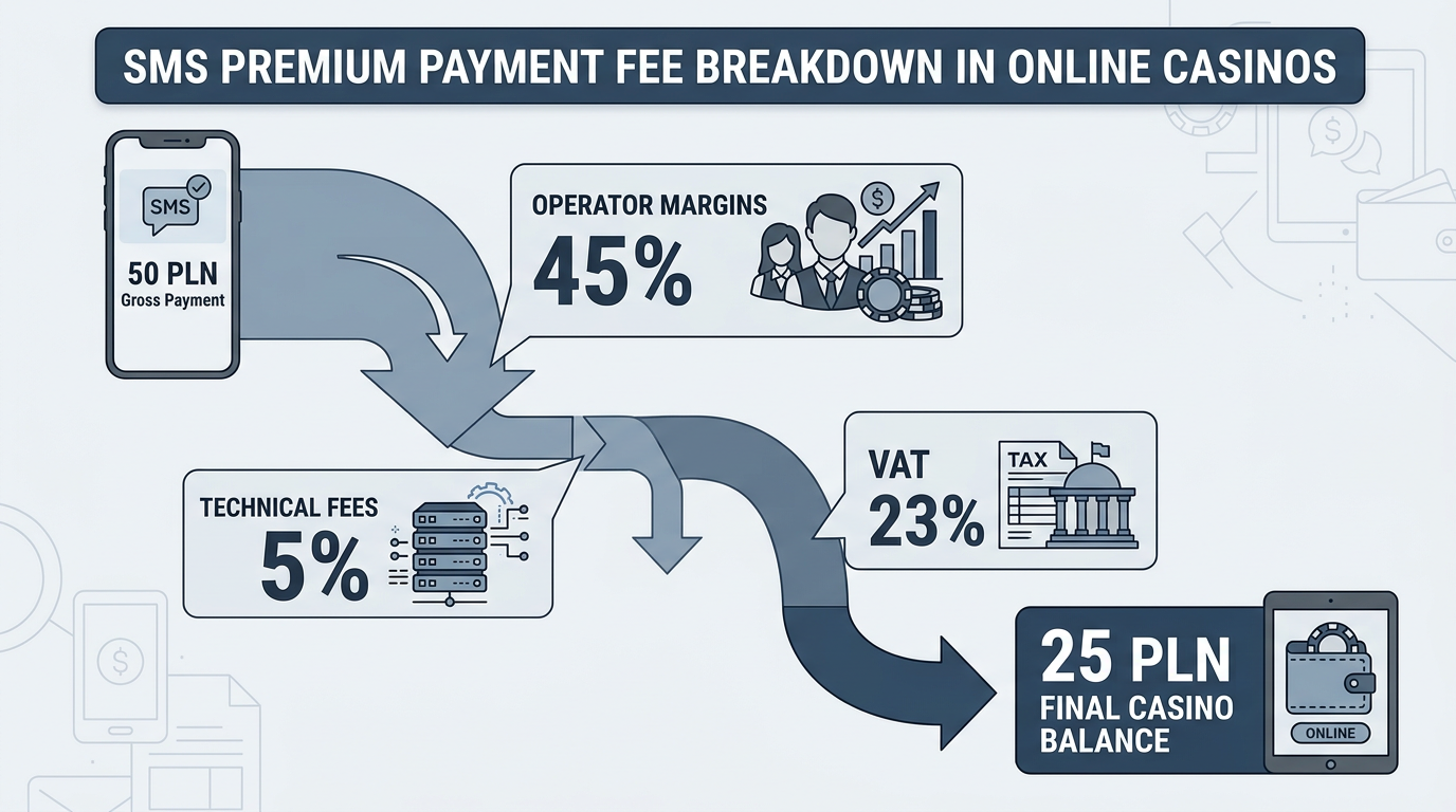 Infografika przedstawiająca strukturę prowizji i strat przy płatnościach SMS Premium w kasynie