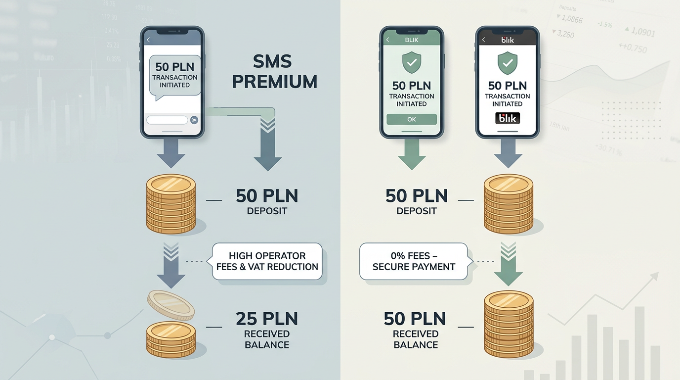 Infografika porównująca koszty i efektywność depozytu SMS Premium oraz płatności BLIK w kasynie