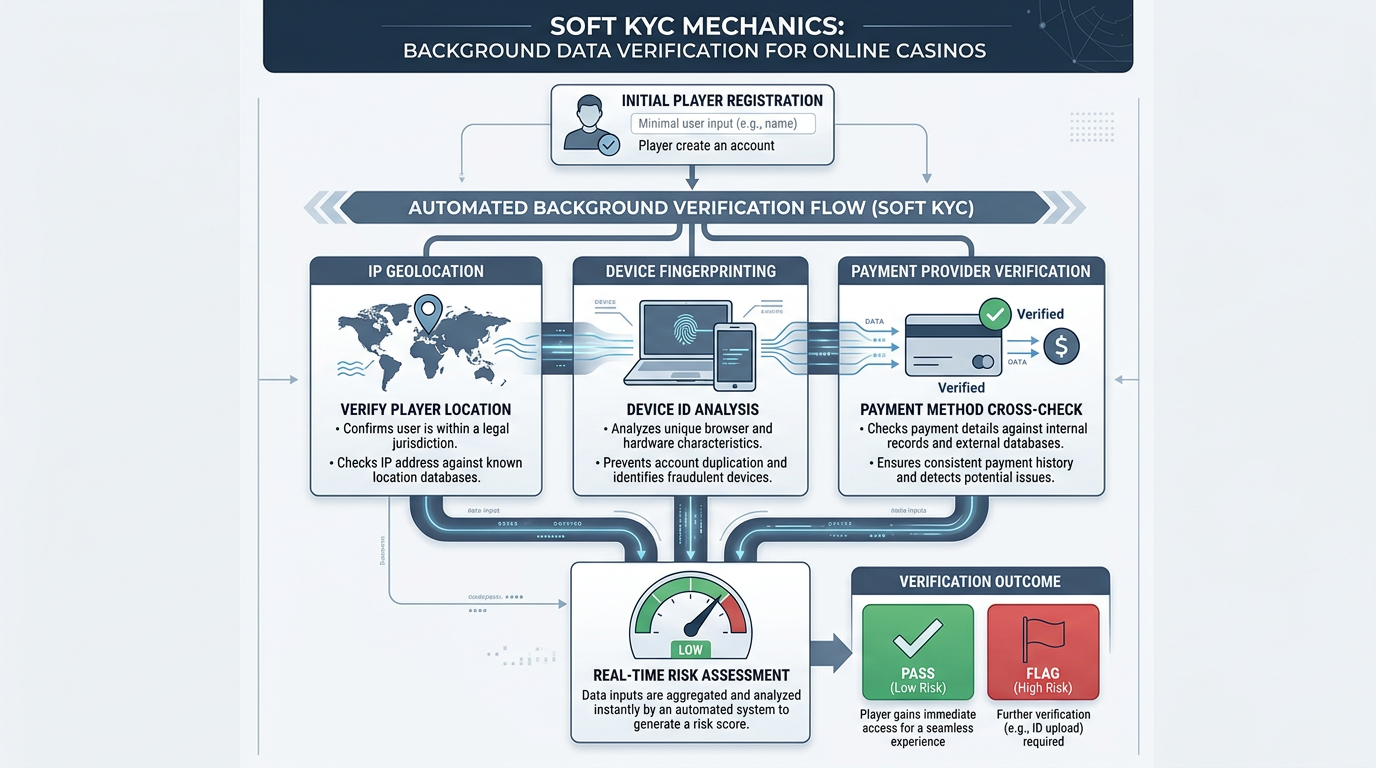 Infografika wyjaśniająca mechanikę Soft KYC w kasynach online bez weryfikacji